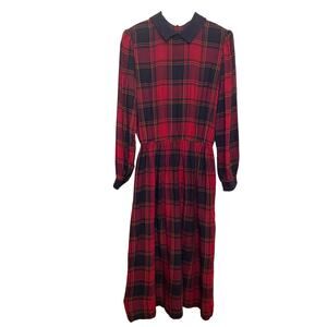 Vtg Lanz Originals Red Tartan Plaid Collared Back Buttons Rayon Size 12 USA Made